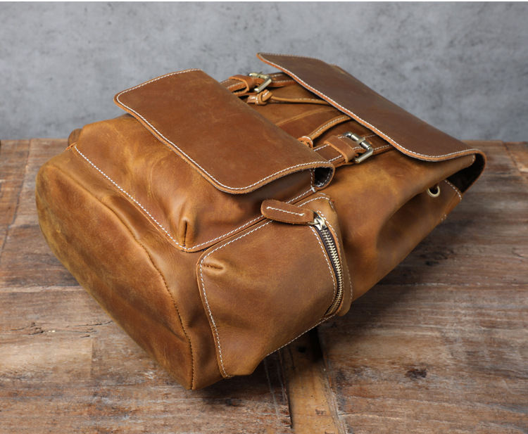 Classic Vintage Crazy Horse Leather Drawstring Backpack