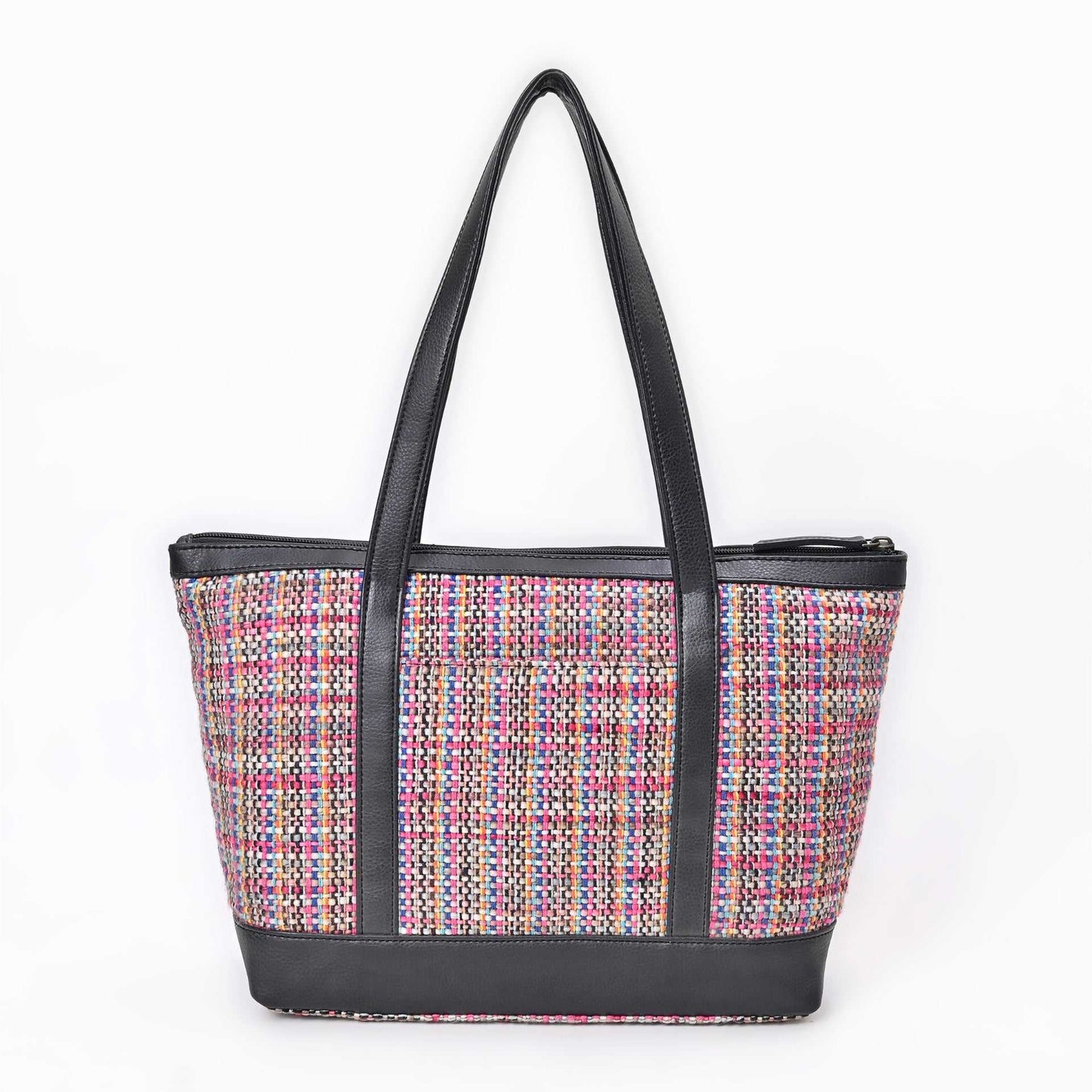 Multicolor Woven Shopping Bag with Leather Trim