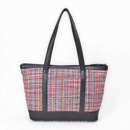 Multicolor Woven Shopping Bag with Leather Trim