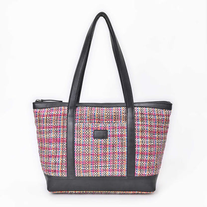 Multicolor Woven Shopping Bag with Leather Trim