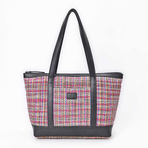 Multicolor Woven Shopping Bag with Leather Trim