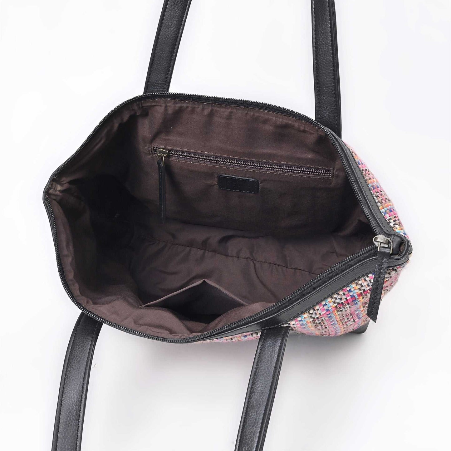 Multicolor Woven Shopping Bag with Leather Trim