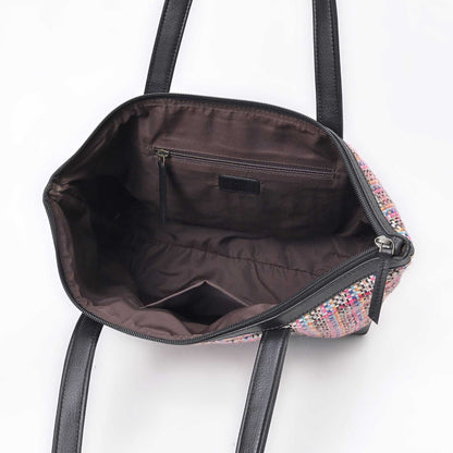 Multicolor Woven Shopping Bag with Leather Trim
