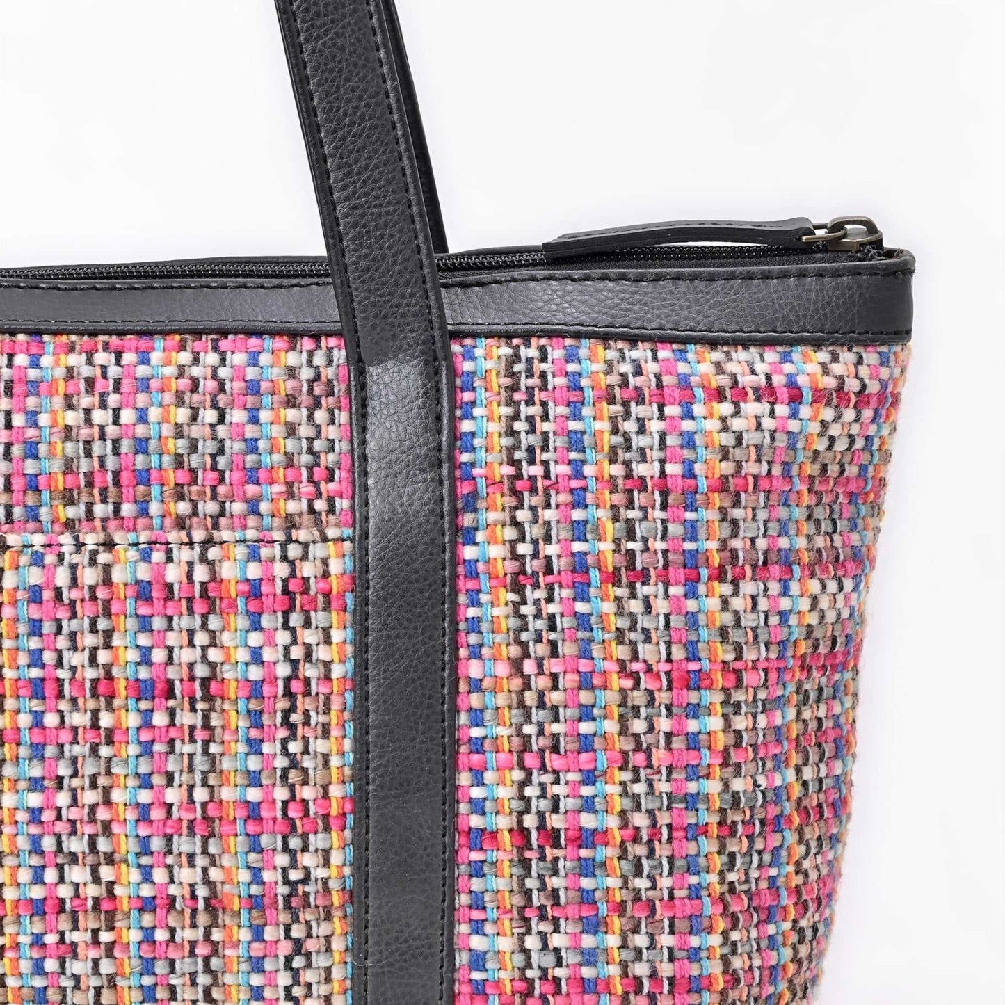 Multicolor Woven Shopping Bag with Leather Trim