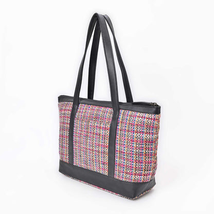 Multicolor Woven Shopping Bag with Leather Trim