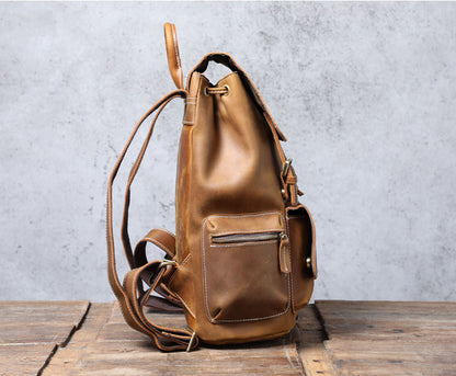 Classic Vintage Crazy Horse Leather Drawstring Backpack