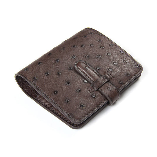 Ostrich-Embossed Leather Coin Purse with Strap Closure