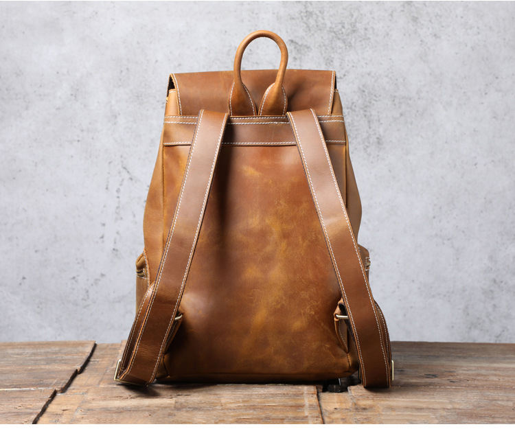 Classic Vintage Crazy Horse Leather Drawstring Backpack