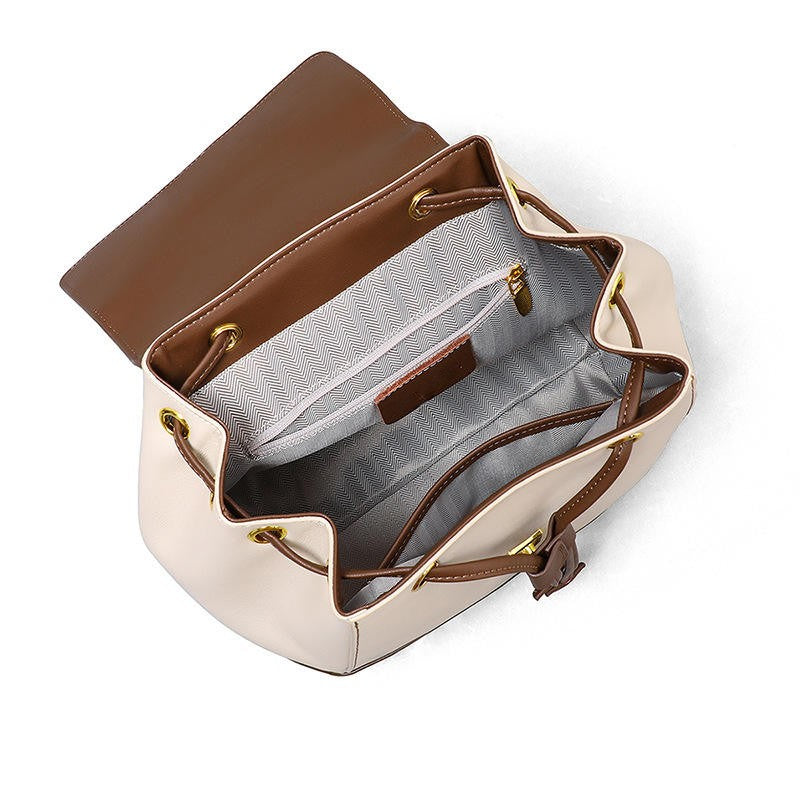 Two-Tone Leather Drawstring Backpack for Women