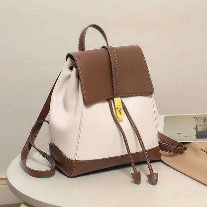 Two-Tone Leather Drawstring Backpack for Women
