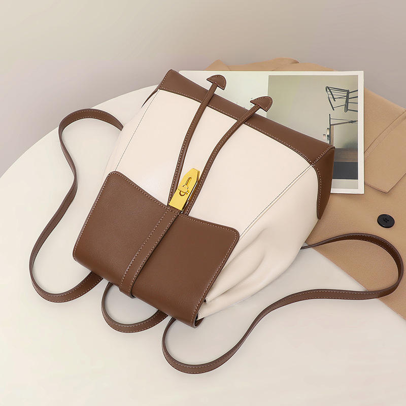 Two-Tone Leather Drawstring Backpack for Women