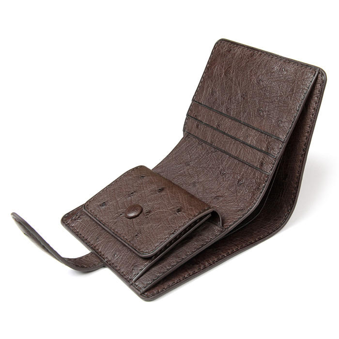 Ostrich-Embossed Leather Coin Purse with Strap Closure
