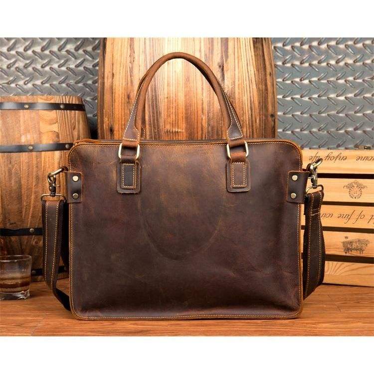 Vintage Crazy Horse Leather Briefcase with 14-inch Laptop Compartment