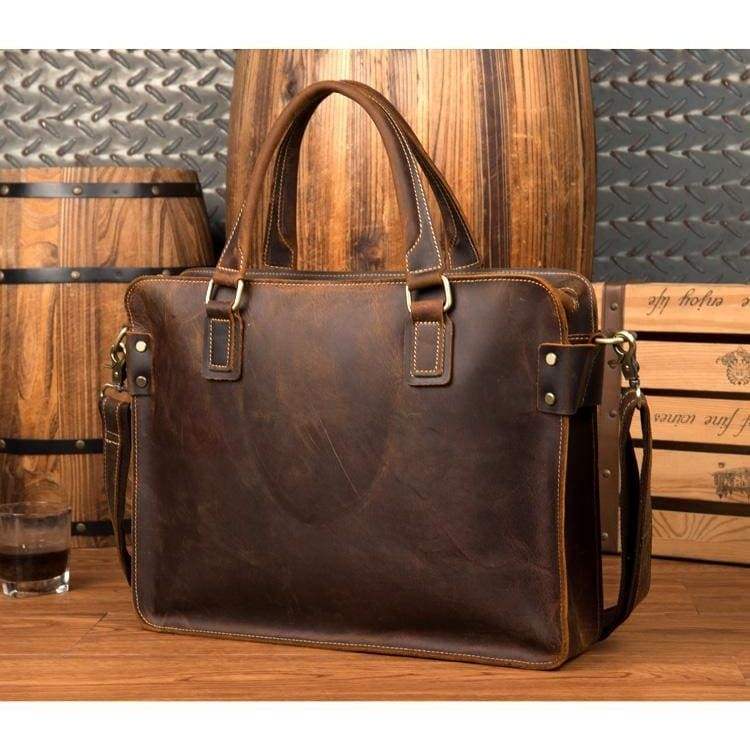 Vintage Crazy Horse Leather Briefcase with 14-inch Laptop Compartment