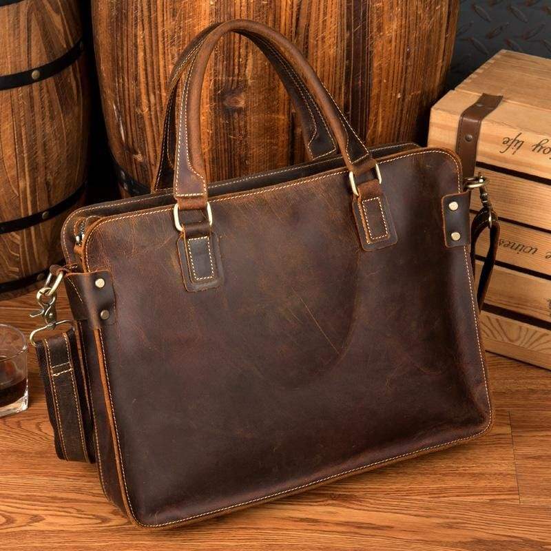 Vintage Crazy Horse Leather Briefcase with 14-inch Laptop Compartment