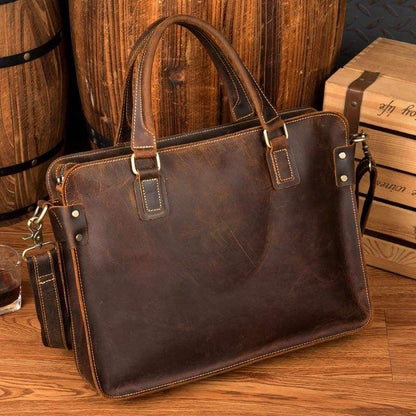 Vintage Crazy Horse Leather Briefcase with 14-inch Laptop Compartment