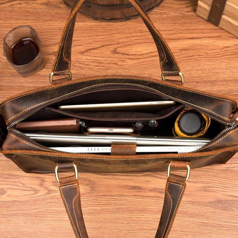 Vintage Crazy Horse Leather Briefcase with 14-inch Laptop Compartment